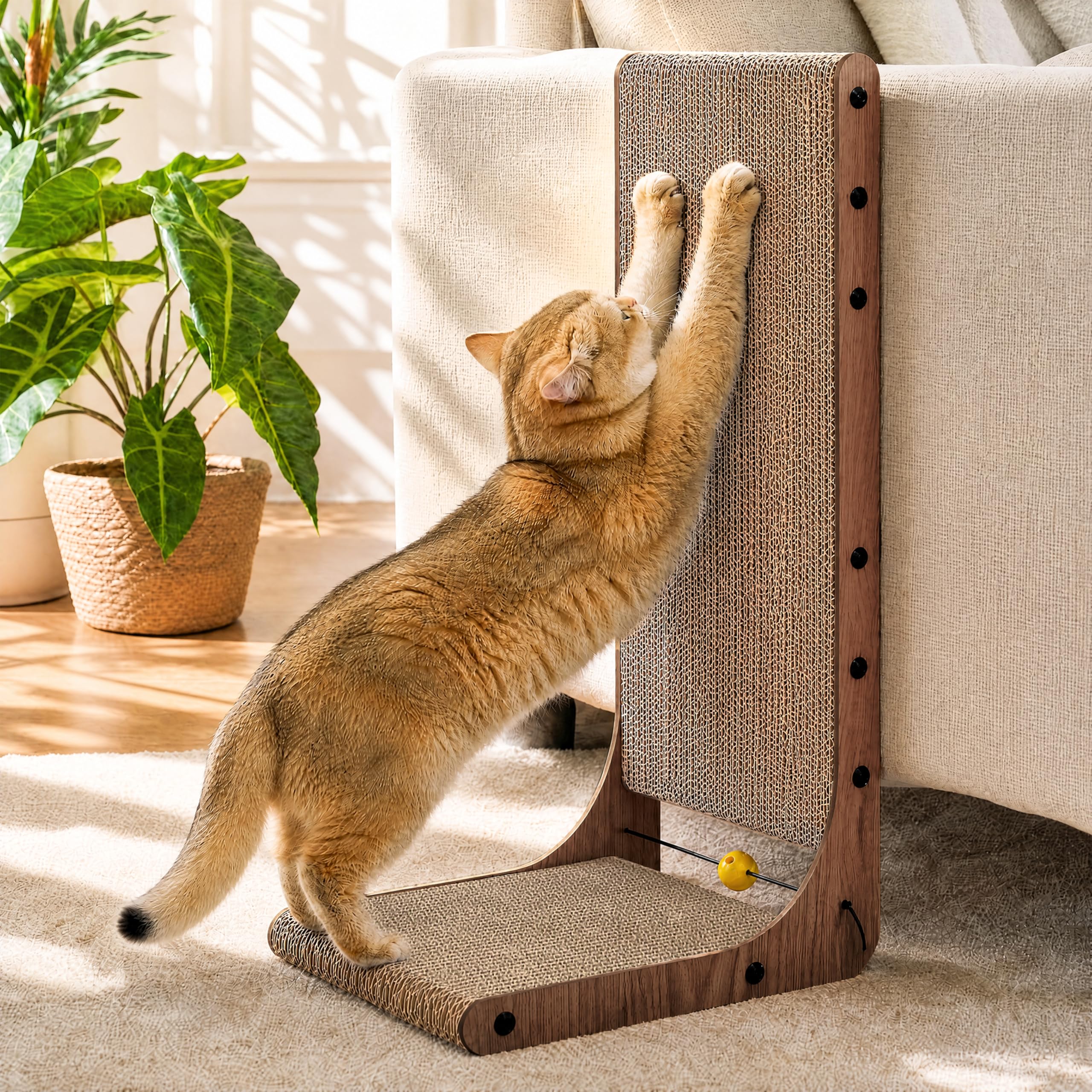 FUKUMARU Cat Scratcher, 26.8 Inch L Shaped Cat Scratch Pad for Indoor Cats | Vertical Cat Scratching Board with Ball Cat Toy, Cardboard Cat Scratcher for Wall Sofa Couch, Kitten Scratching Post, Large