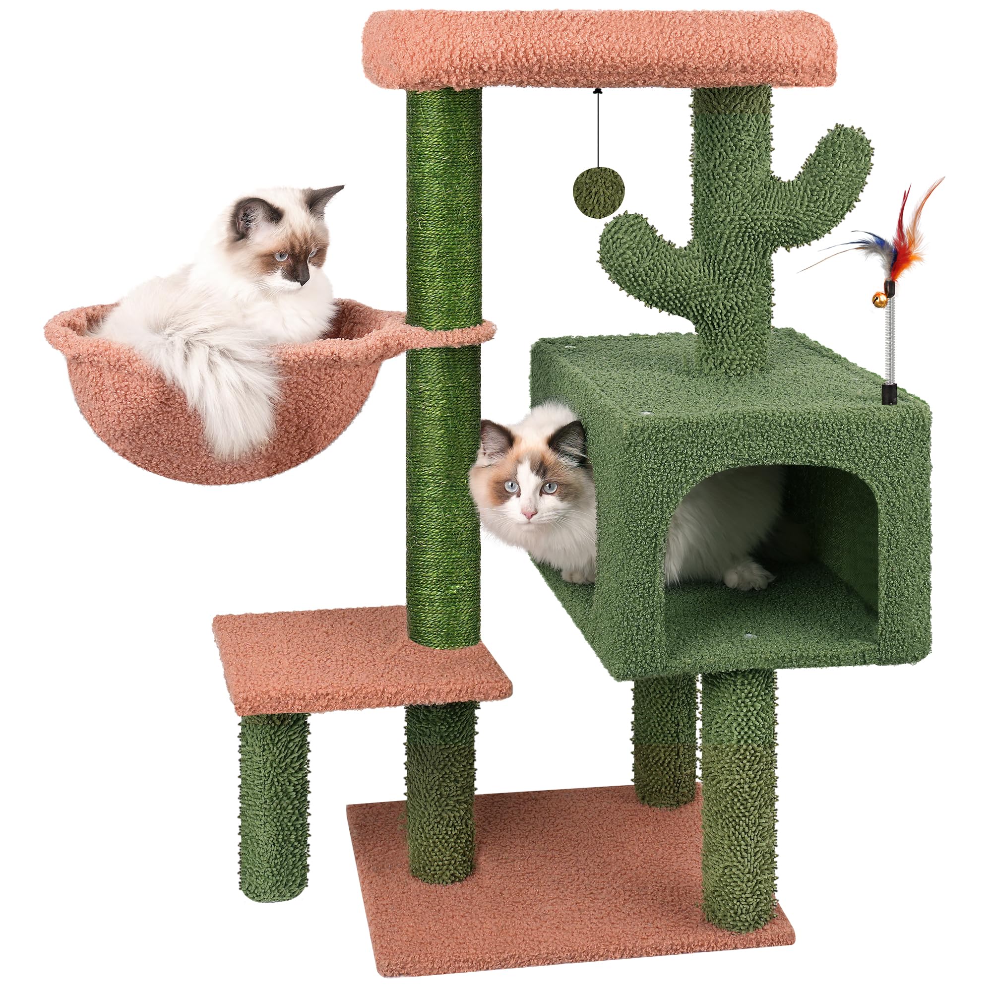 AIWIKIDE 37.4" Cactus Cat Tree Tower with Twin Cat Condos for Indoor Cats, All-in-One Activity Center with Cat Scratching Post Cozy Sleeping Perch Hammock and Toy Balls,Green