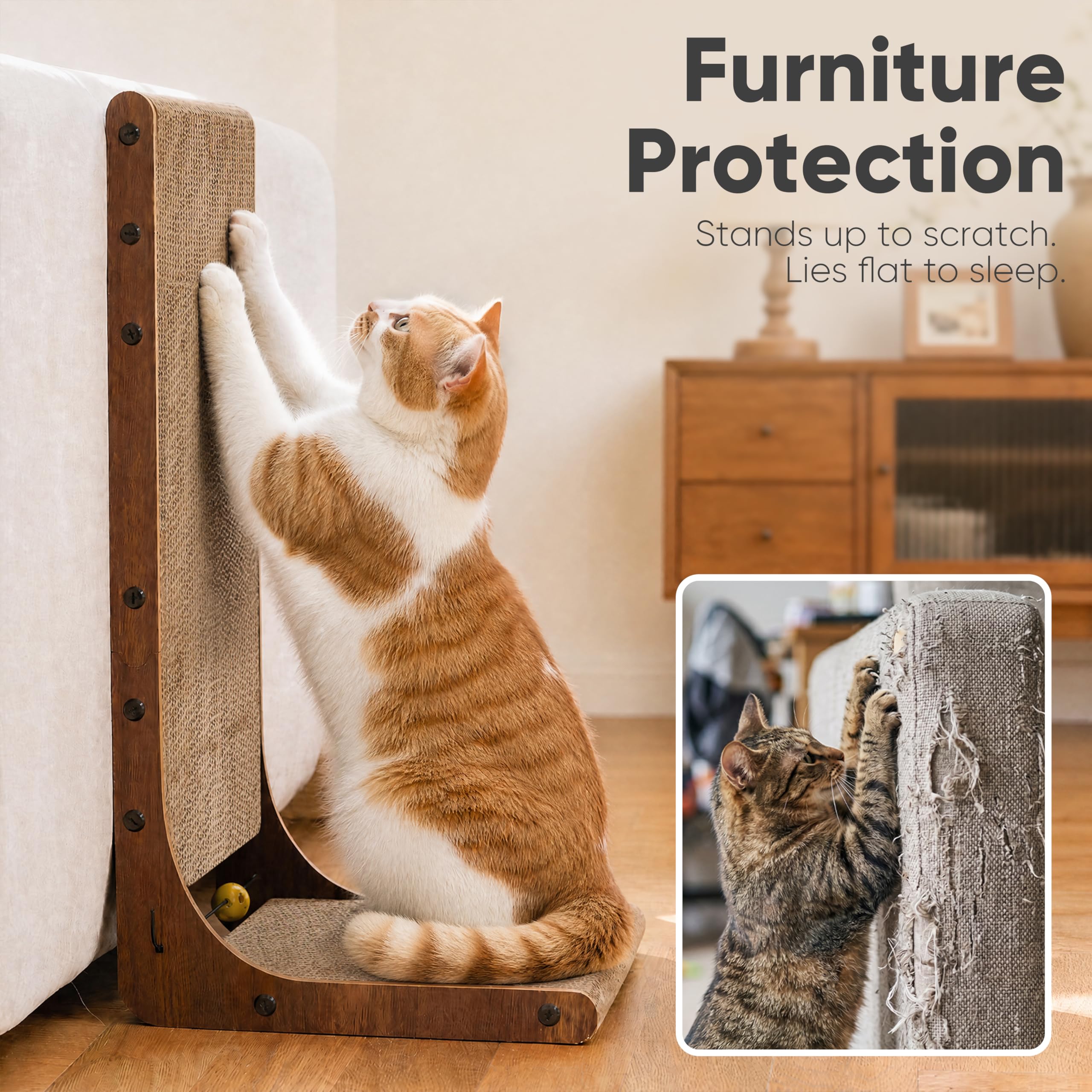 FUKUMARU Cat Scratcher, 26.8 Inch L Shaped Cat Scratch Pad for Indoor Cats | Vertical Cat Scratching Board with Ball Cat Toy, Cardboard Cat Scratcher for Wall Sofa Couch, Kitten Scratching Post, Large