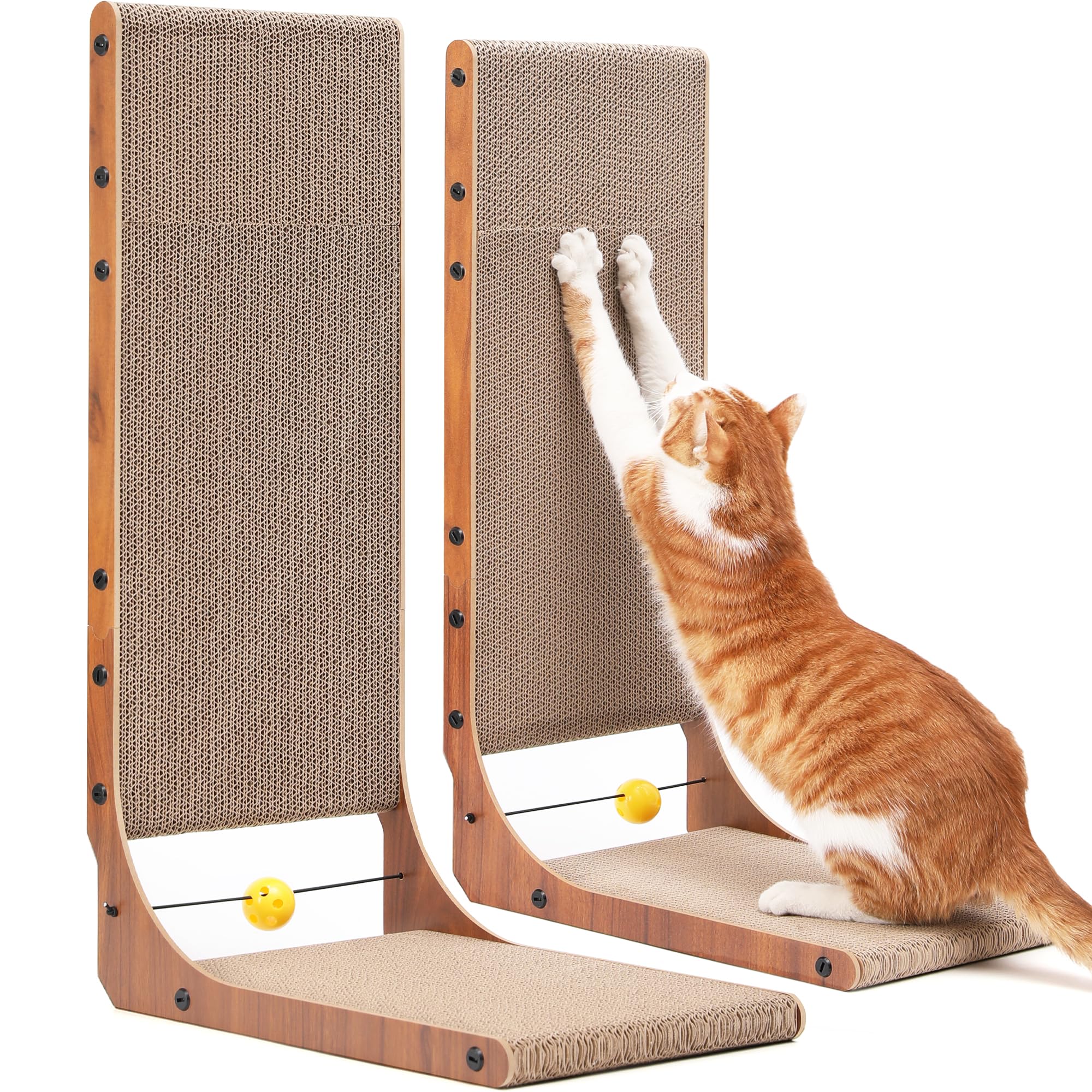FUKUMARU Cat Scratcher, 26.8 Inch L Shaped Cat Scratch Pad for Indoor Cats | Vertical Cat Scratching Board with Ball Cat Toy, Cardboard Cat Scratcher for Wall Sofa Couch, Kitten Scratching Post, Large
