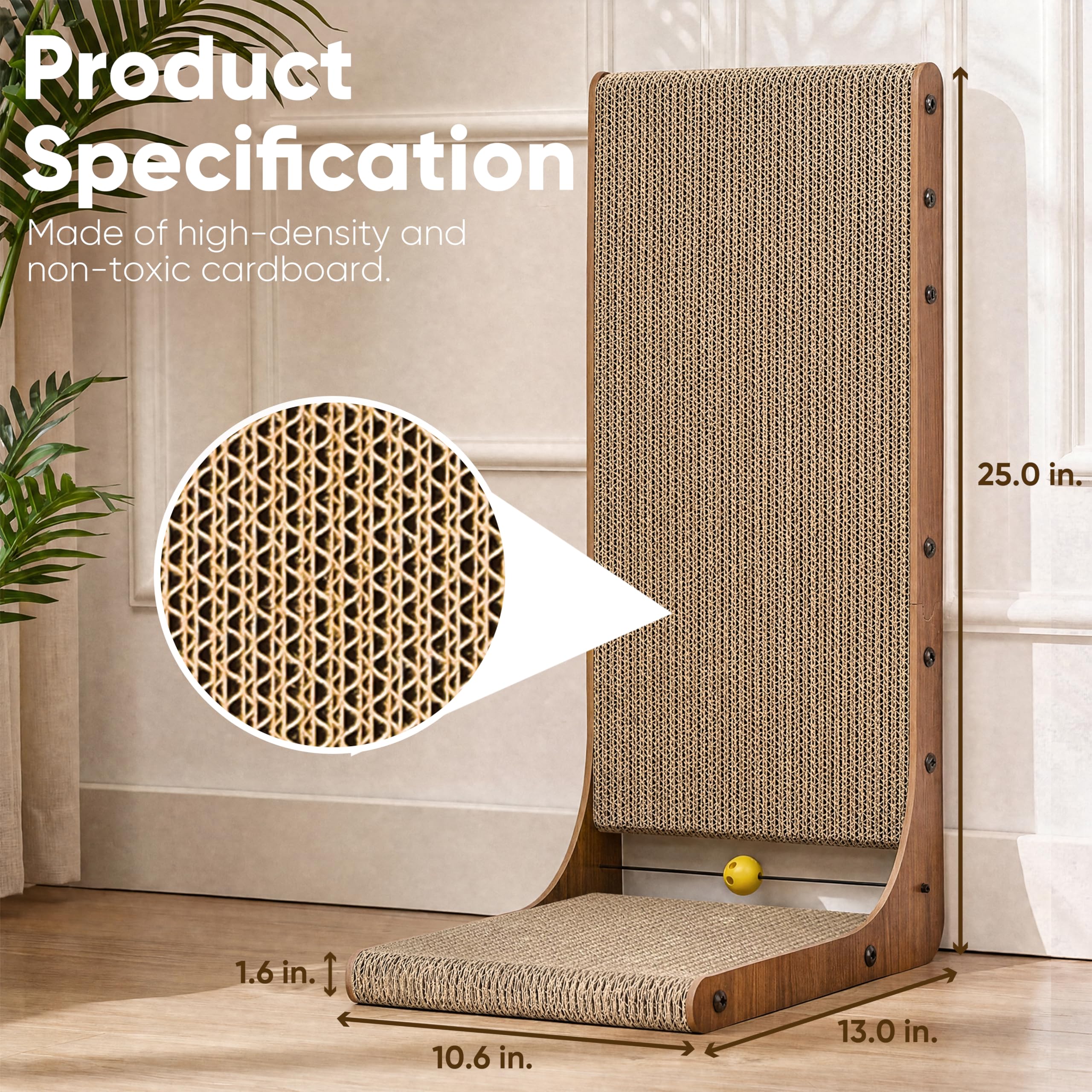 FUKUMARU Cat Scratcher, 26.8 Inch L Shaped Cat Scratch Pad for Indoor Cats | Vertical Cat Scratching Board with Ball Cat Toy, Cardboard Cat Scratcher for Wall Sofa Couch, Kitten Scratching Post, Large